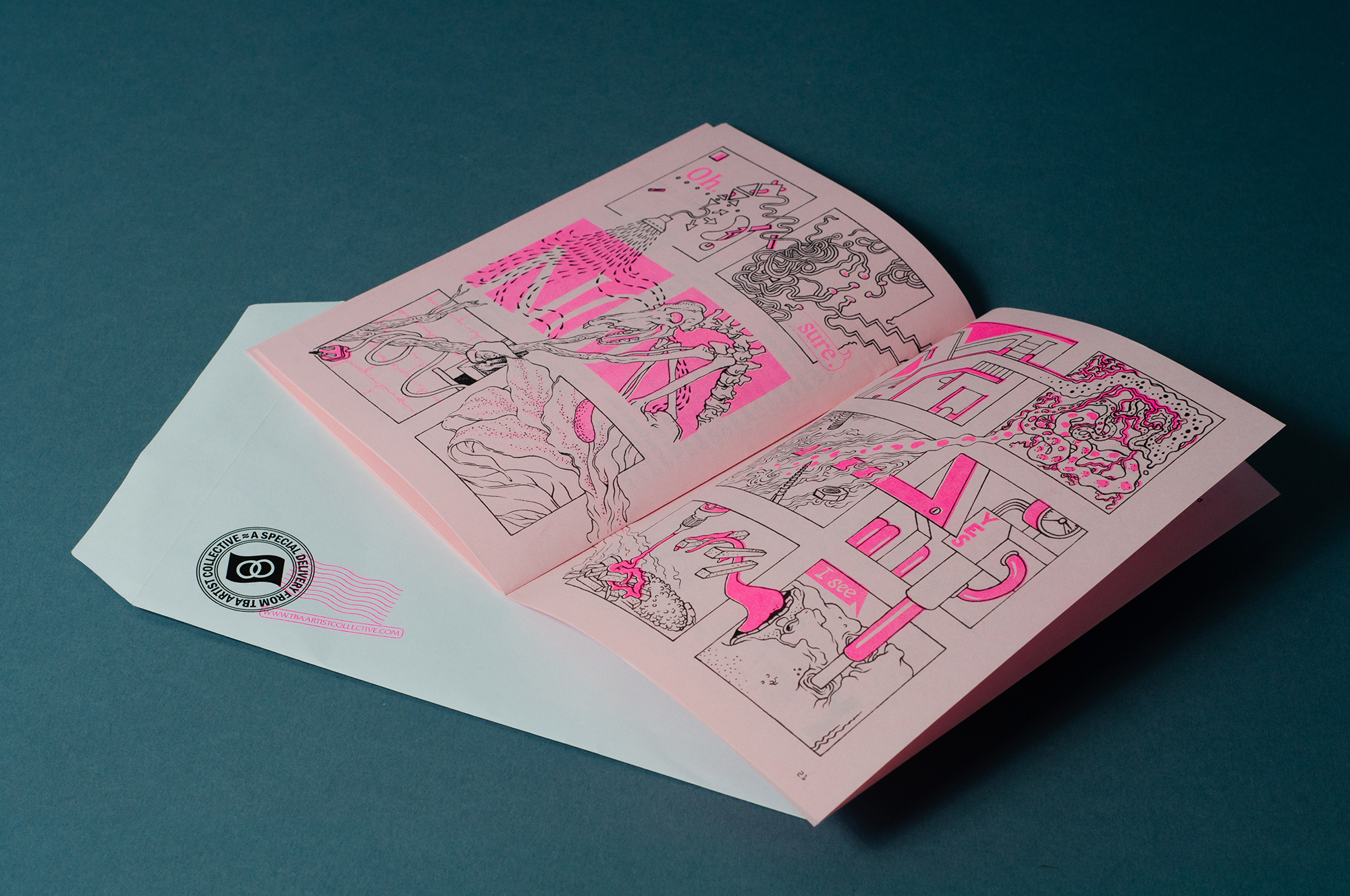 A photograph of a risograph printed zine for TBA Artist Collective